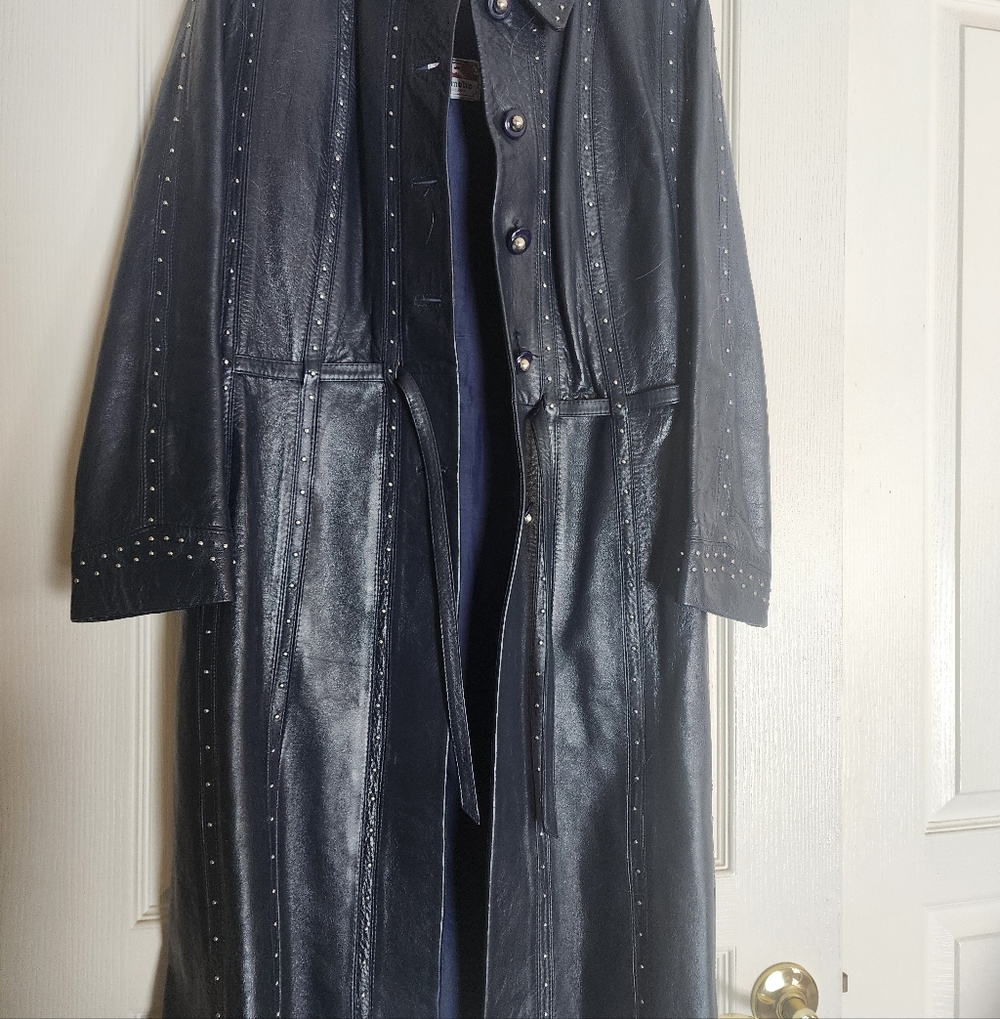 Chic Navy Blue, Gamolin Of Barcelona Vintage Leather Studded Women's Trench Coat - Picture 2 of 16